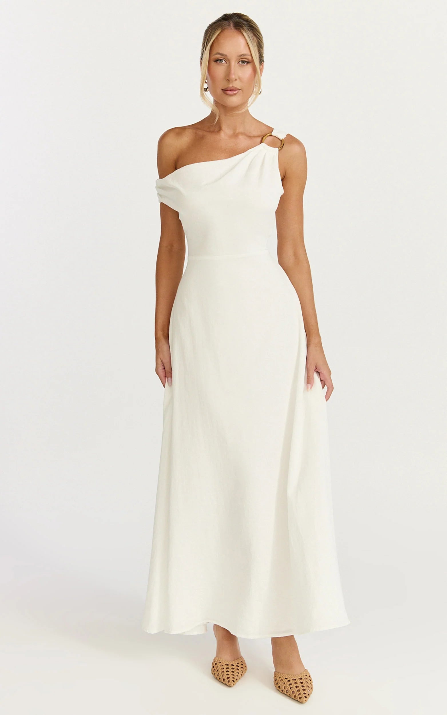 Off The Shoulder Hardware Detail A Line Dress in White