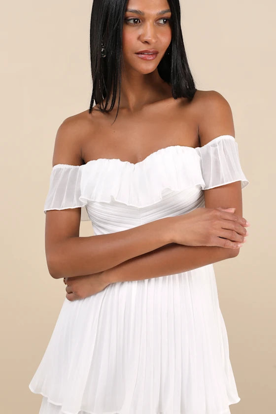 Always Remarkable White Pleated Off-the-Shoulder Maxi Dress
